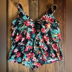 KRISTA • flowy floral swim top tankini black tropical adjustable straps swimsuit